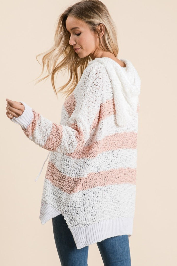 Reborn J High-Low Striped Popcorn Hoodie Sweater