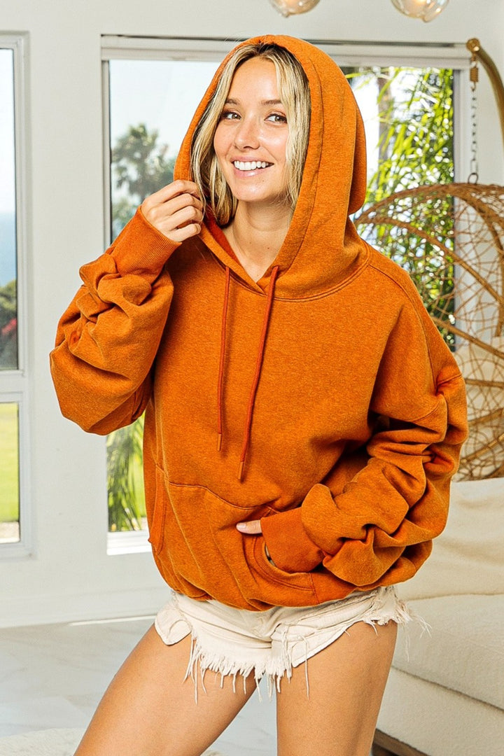 BiBi Ruched Long Sleeve Washed Fleece Hoodie - Boho Soho