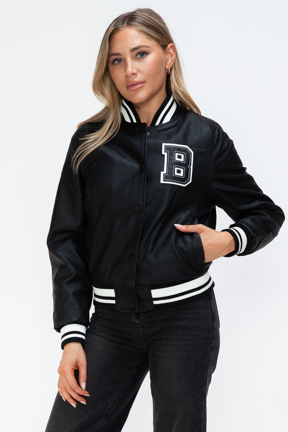 Love Me Now PU Leather Contrast Snap Down Bomber Jacket - Boho Soho