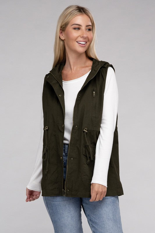 Zenana Drawstring Waist Military Hoodie Vest