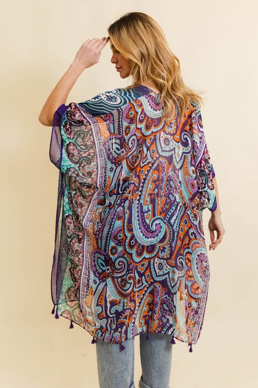 Paisley Print Open Front Kimono w/ Cinched Arms