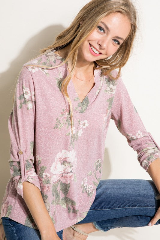 PLUS FLORAL SPLIT NK ROLL SL TOP