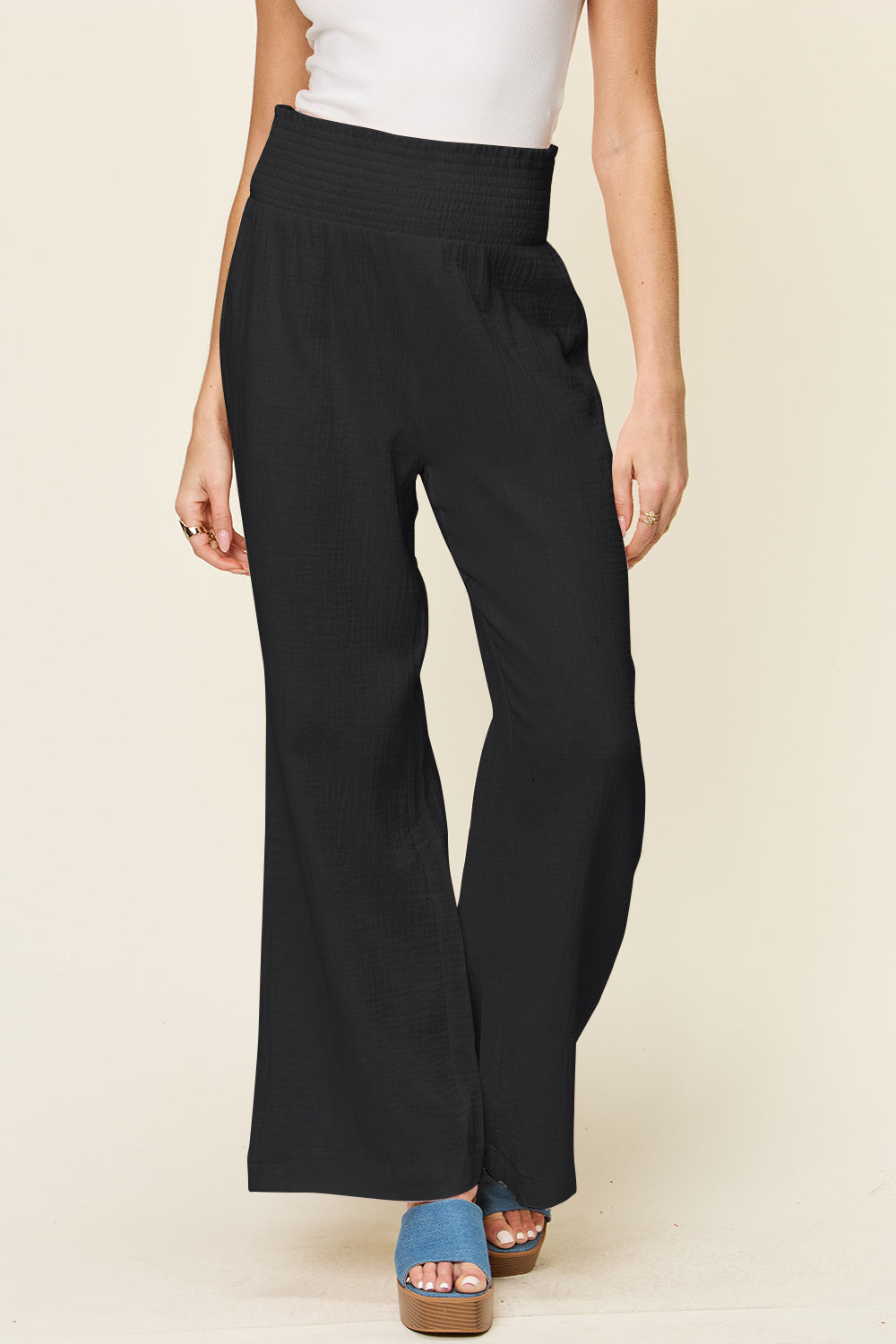 Double Take Texture Smocked Waist Wide Leg Pants