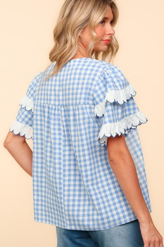 Haptics Plaid Scallop Hem Notched Short Sleeve Blouse