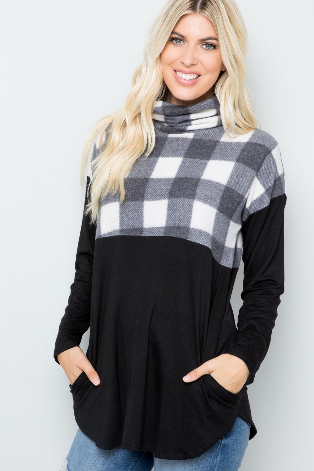 Celeste Plaid Turtleneck Long Sleeve Blouse