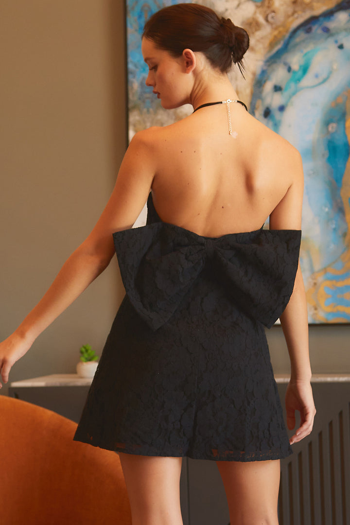 Karlie Bow Back Strapless Lace Mini Dress