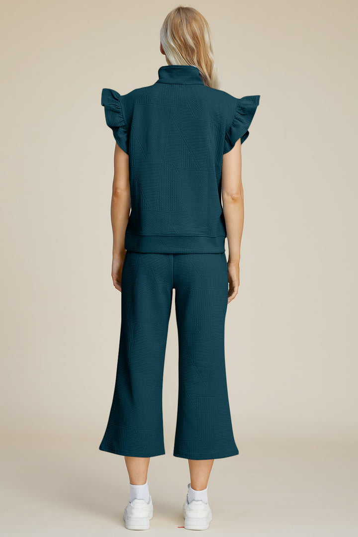 Double Take Full Size Texture Ruffle Short Sleeve Top and Wide Leg Pants Set - Boho Soho