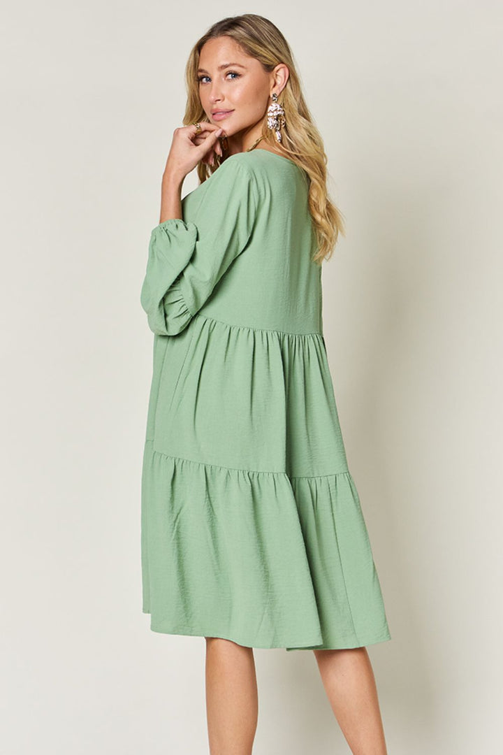 Double Take V-Neck Balloon Sleeve Tiered Dress with Pockets