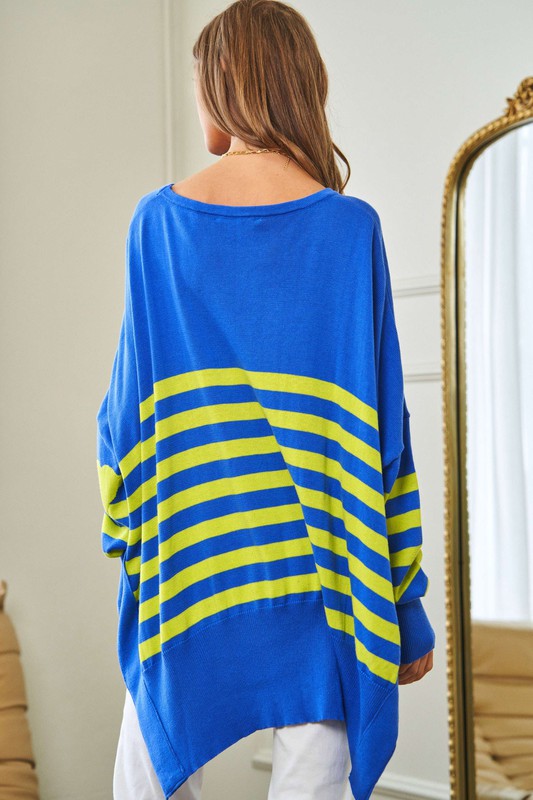 Davi & Dani Multi Striped Elbow Patch Loose Fit Sweater Top