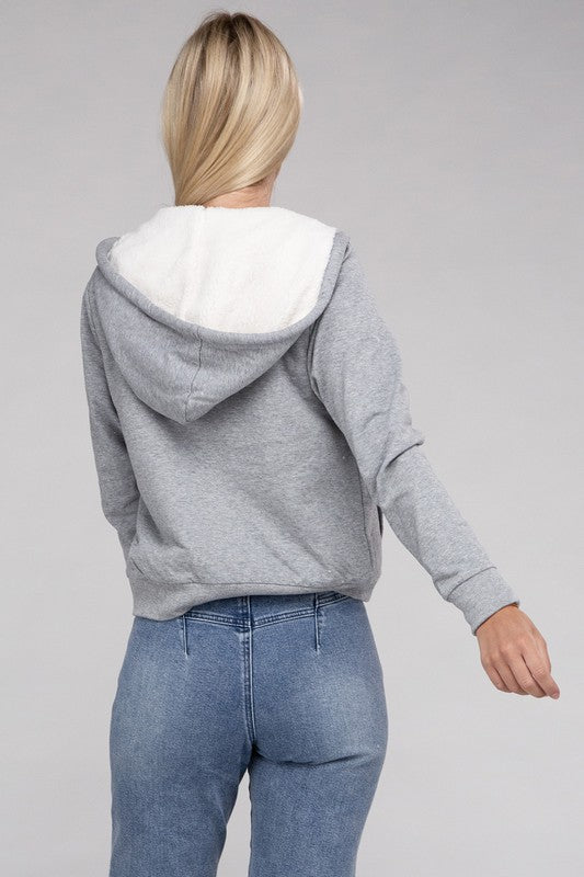 Ambiance Fuzzy Trim Zip-Up Crop Hoodie