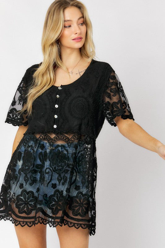 Davi & Dani Crochet Round Neck Button Down Top