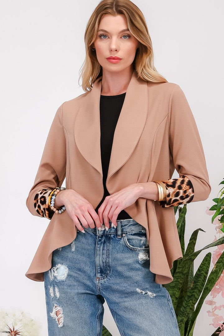 Celeste Rolled Leopard Cuff Open Front Blazer