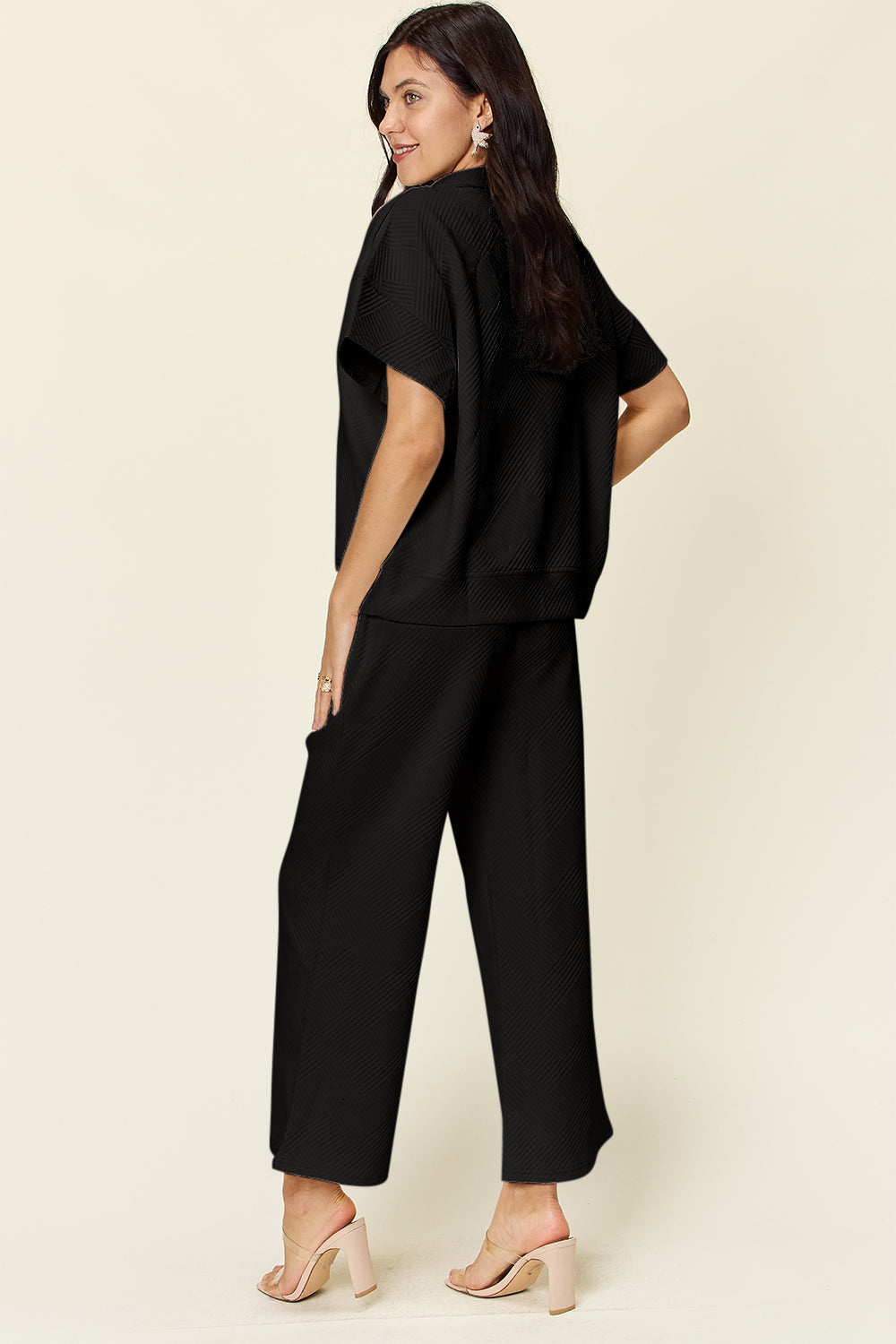 Double Take Texture Half Zip Short Sleeve Top and Pants Set