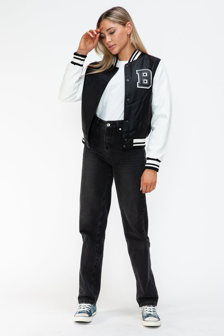 Love Me Now PU Leather Contrast Snap Down Bomber Jacket - Boho Soho