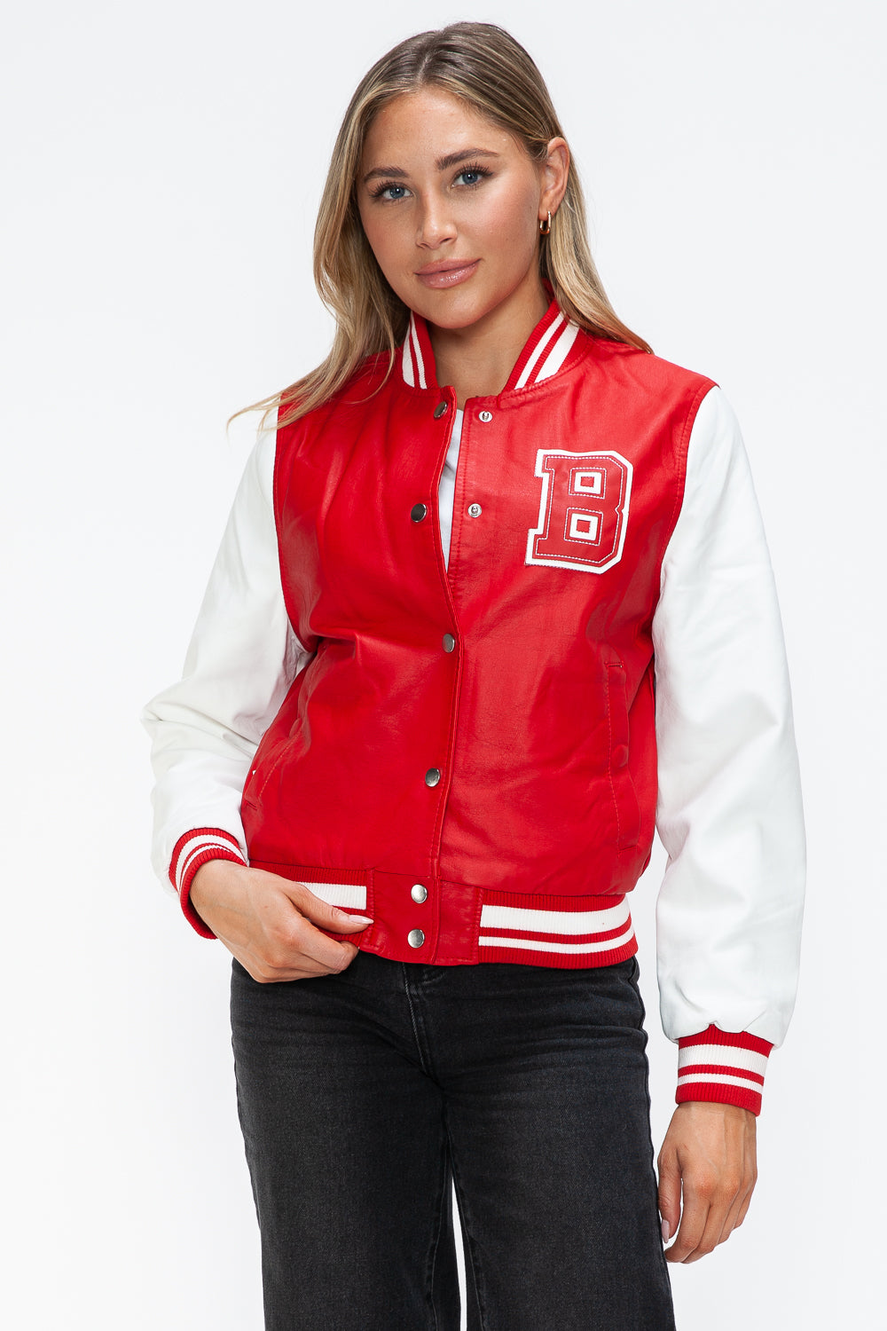 Love Me Now PU Leather Contrast Snap Down Bomber Jacket - Boho Soho