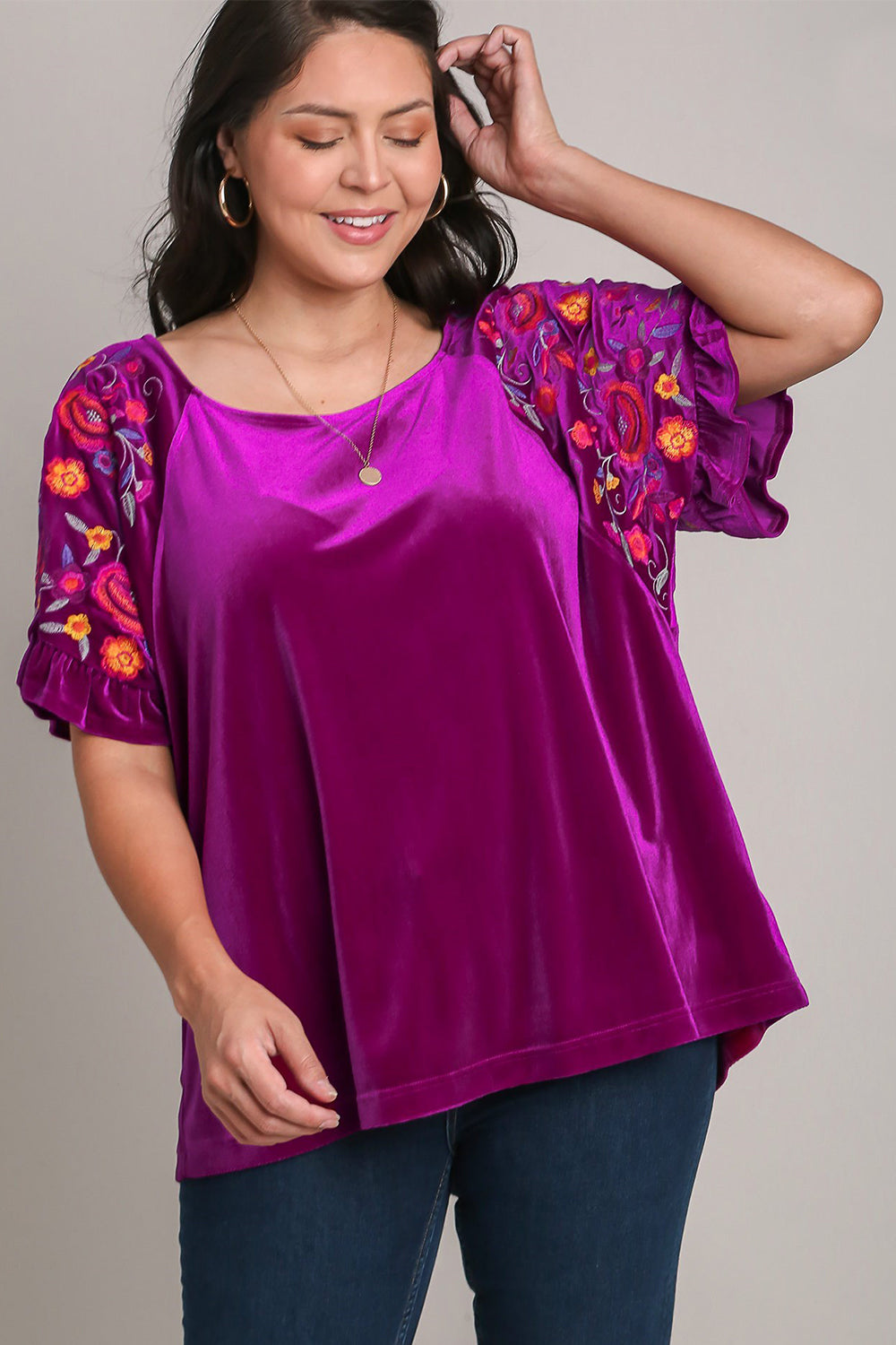 Umgee Velvet Embroidery Short Sleeve Blouse