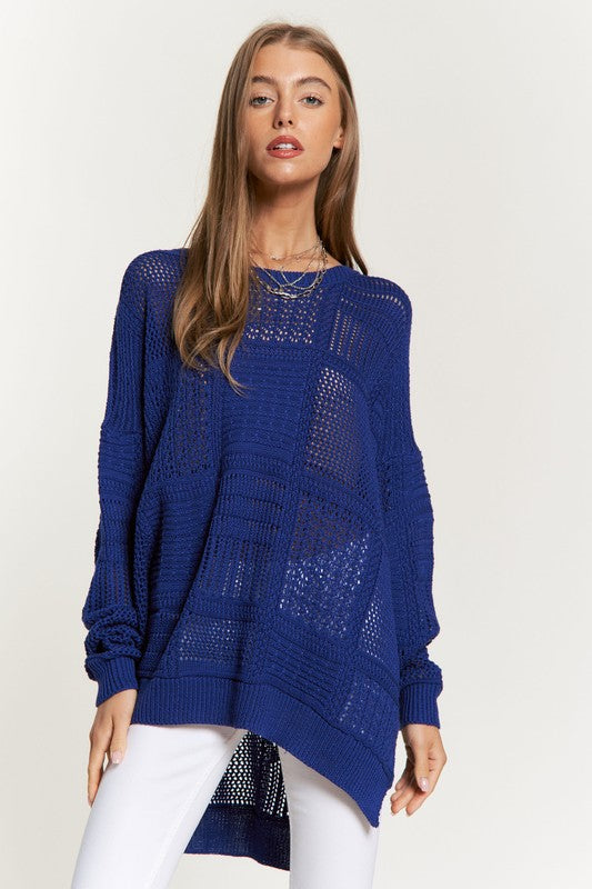 Davi & Dani Openwork Side Slit Drop Shoulder Knit Top