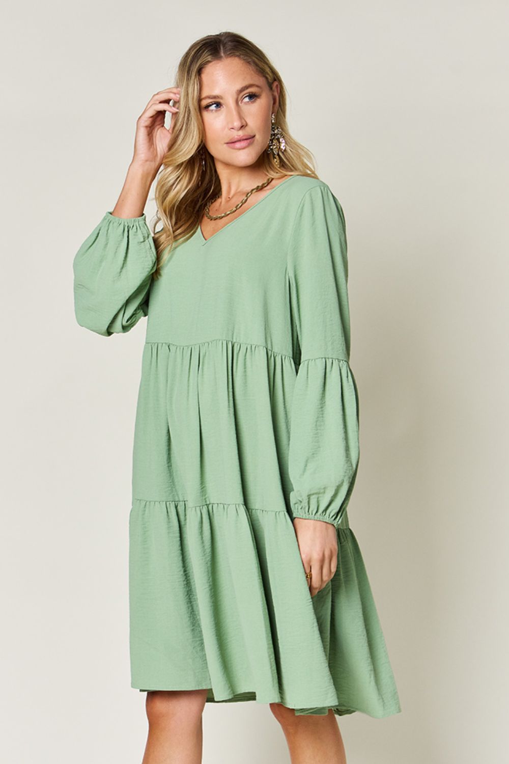 Double Take V-Neck Balloon Sleeve Tiered Dress with Pockets