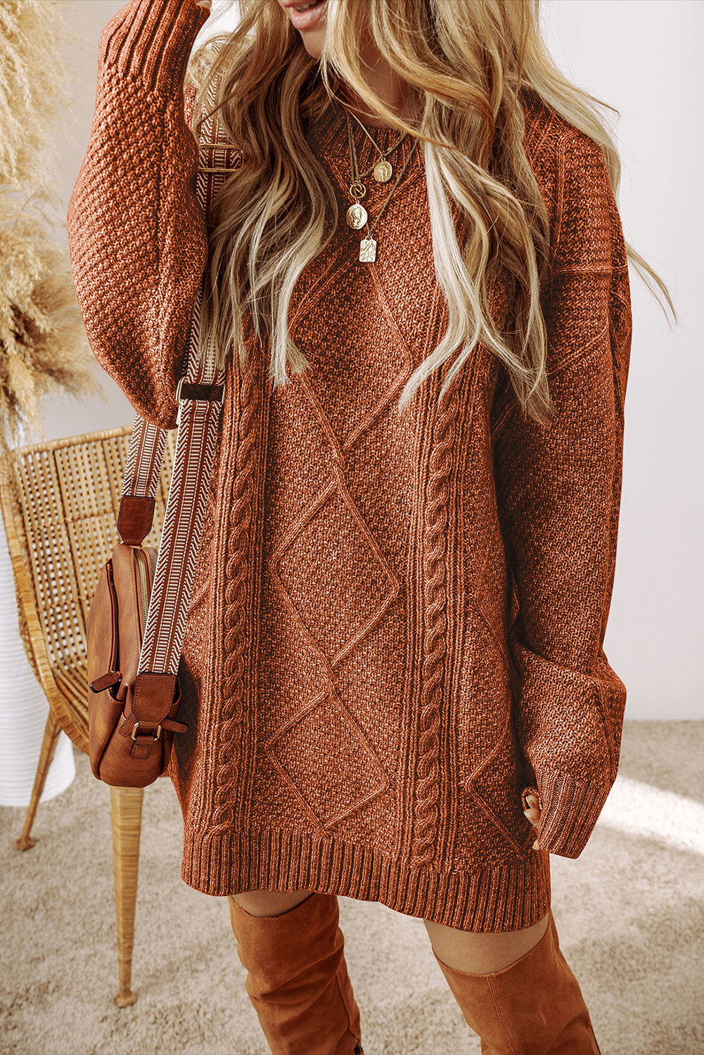 Cable Knit Drop Shoulder Loose Fit Sweater Dress | Boho Soho Cable Knit Drop Shoulder Loose Fit Sweater Dress | Boho Soho