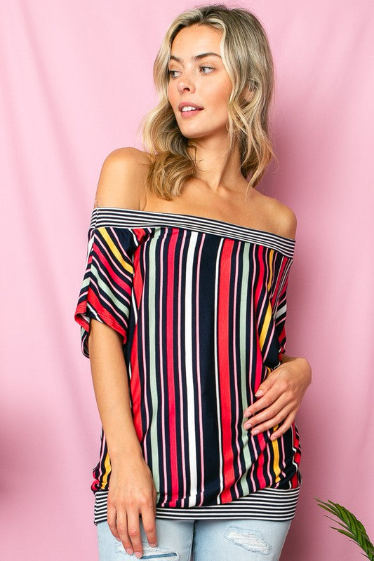 PLUS MULTI STRIPE OFF SHOULDER TOP