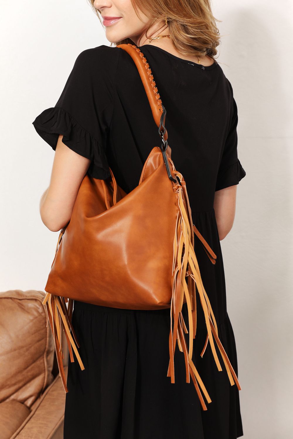 Faux Leather Fringe Detail Shoulder Bag