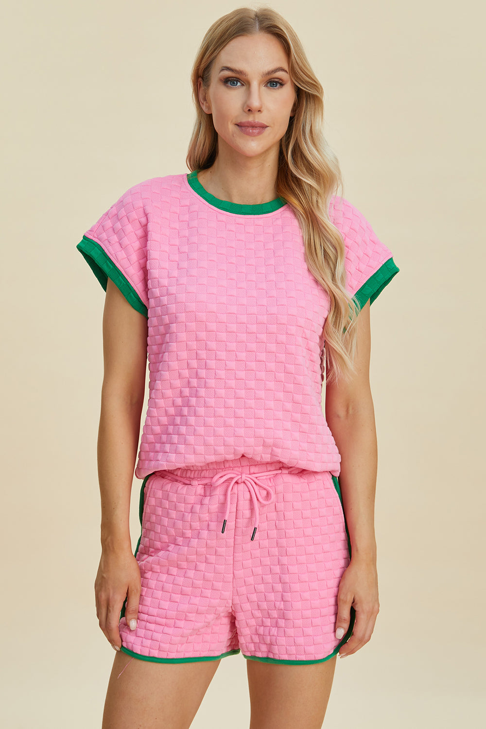 Double Take Texture Contrast T-Shirt and Shorts Set