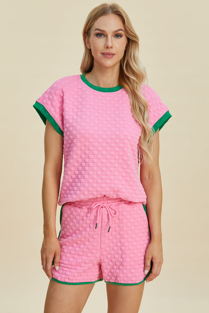 Double Take Texture Contrast T-Shirt and Shorts Set