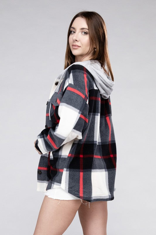 Zenana Plaid Drawstring Hooded Fleece Shacket