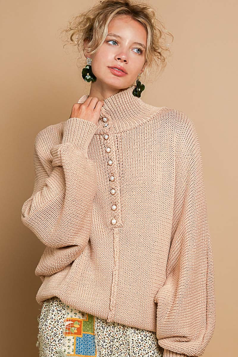 POL Pearl Detail Turtleneck Long Sleeve Sweater - Boho Soho