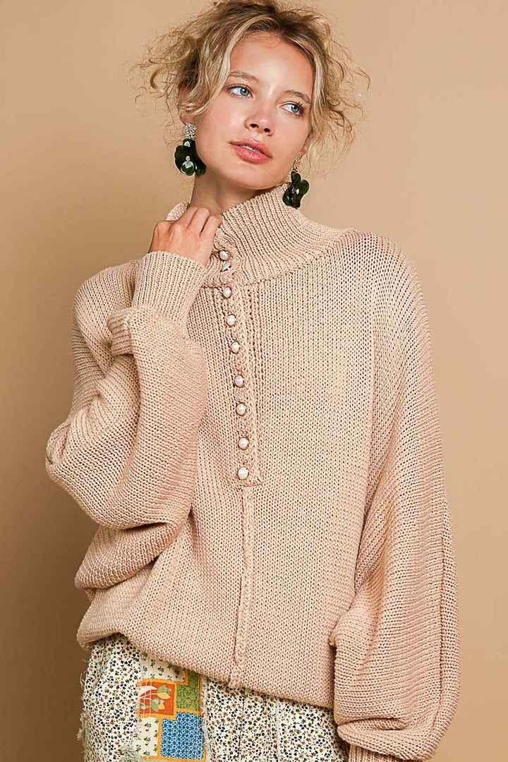 POL Pearl Detail Turtleneck Long Sleeve Sweater - Boho Soho