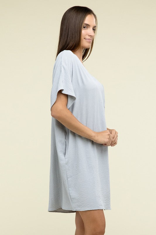 Zenana Woven Airflow V Neck T-Shirt Dress with Pockets