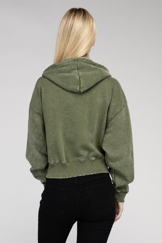 Zenana Acid Wash Fleece Cropped Zip-Up Hoodie - Boho Soho