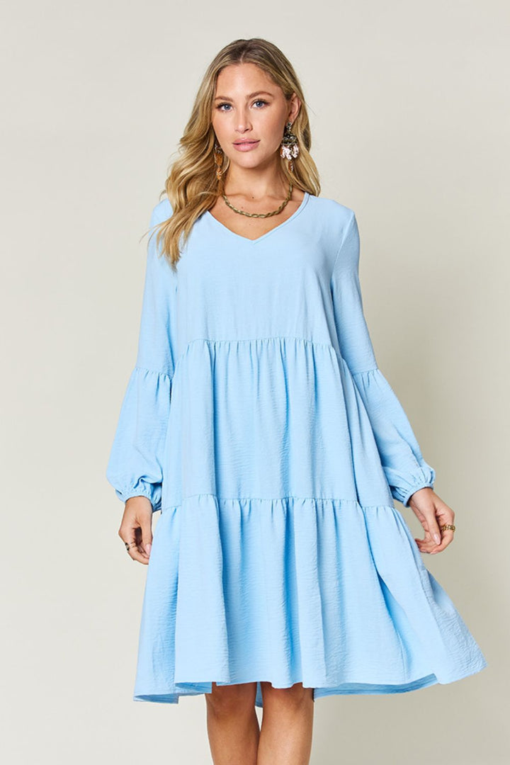 Double Take V-Neck Balloon Sleeve Tiered Dress with Pockets