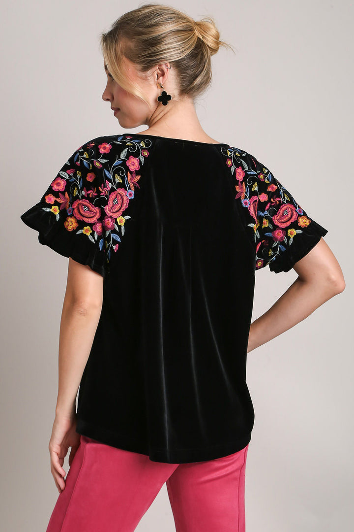 Umgee Velvet Embroidery Short Sleeve Blouse