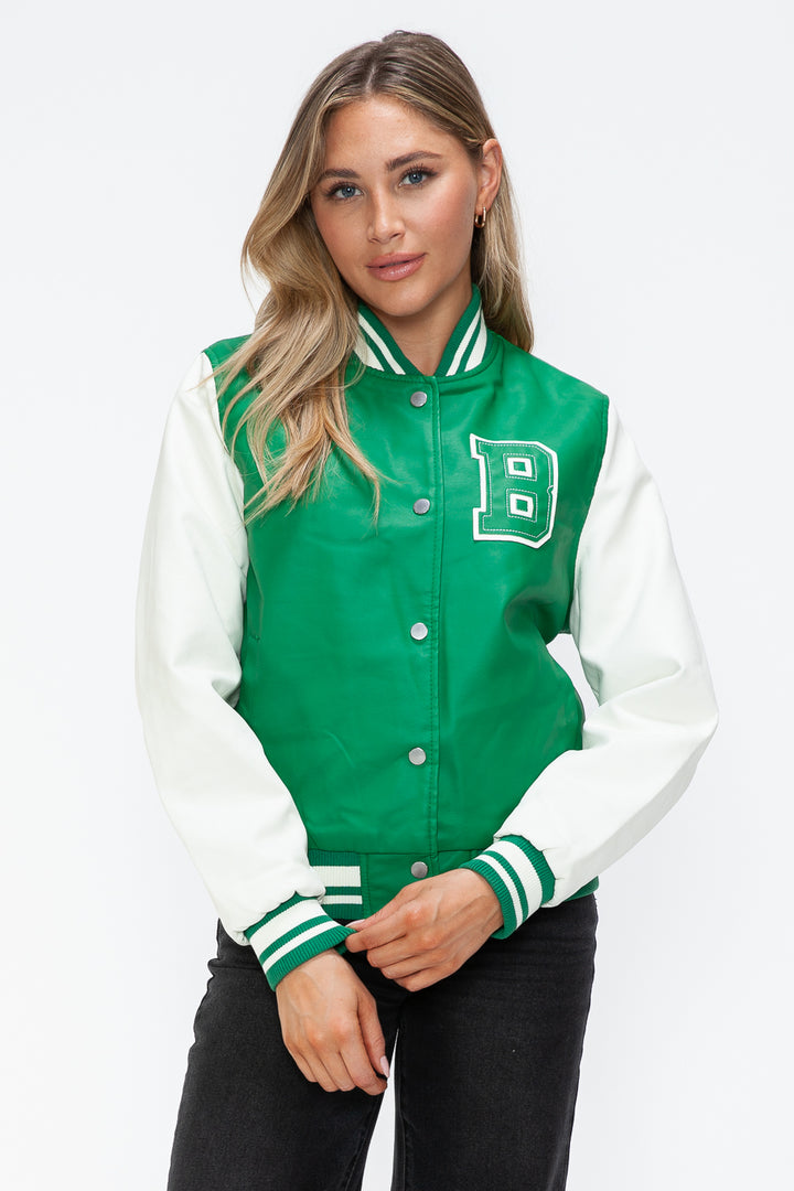 Love Me Now PU Leather Contrast Snap Down Bomber Jacket - Boho Soho