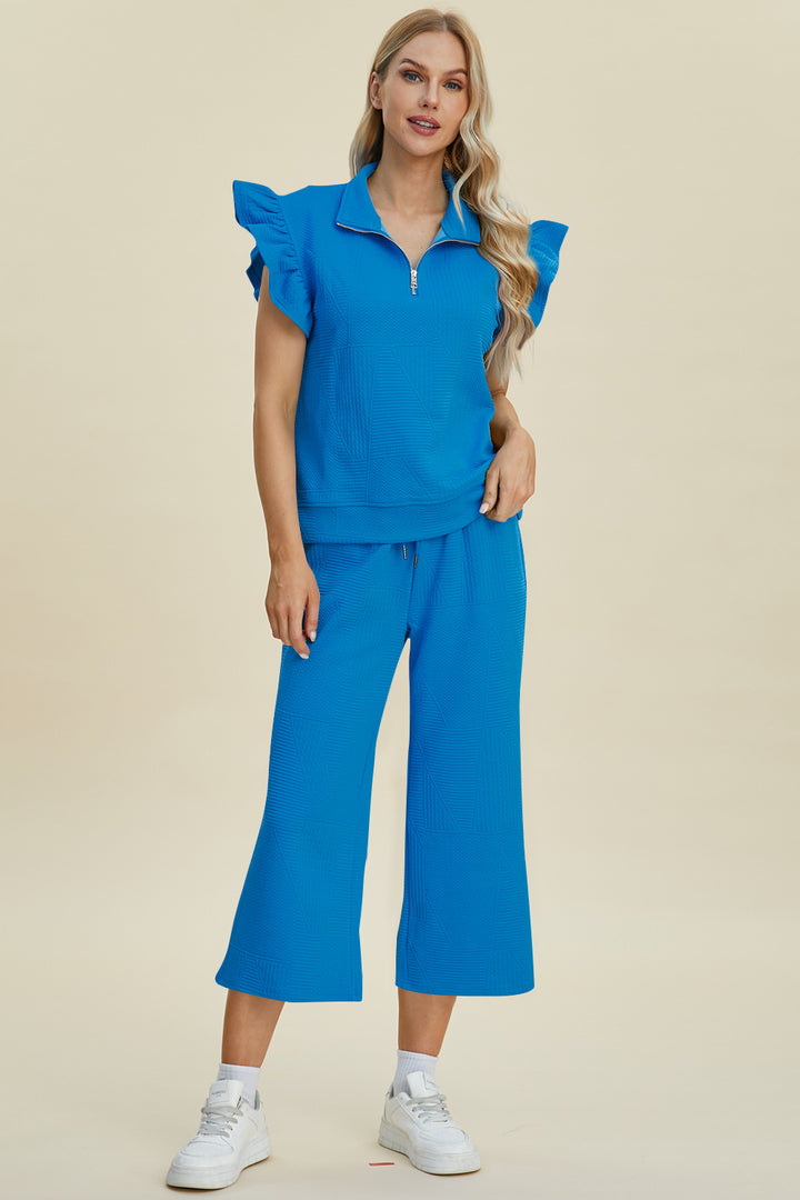 Double Take Full Size Texture Ruffle Short Sleeve Top and Wide Leg Pants Set - Boho Soho
