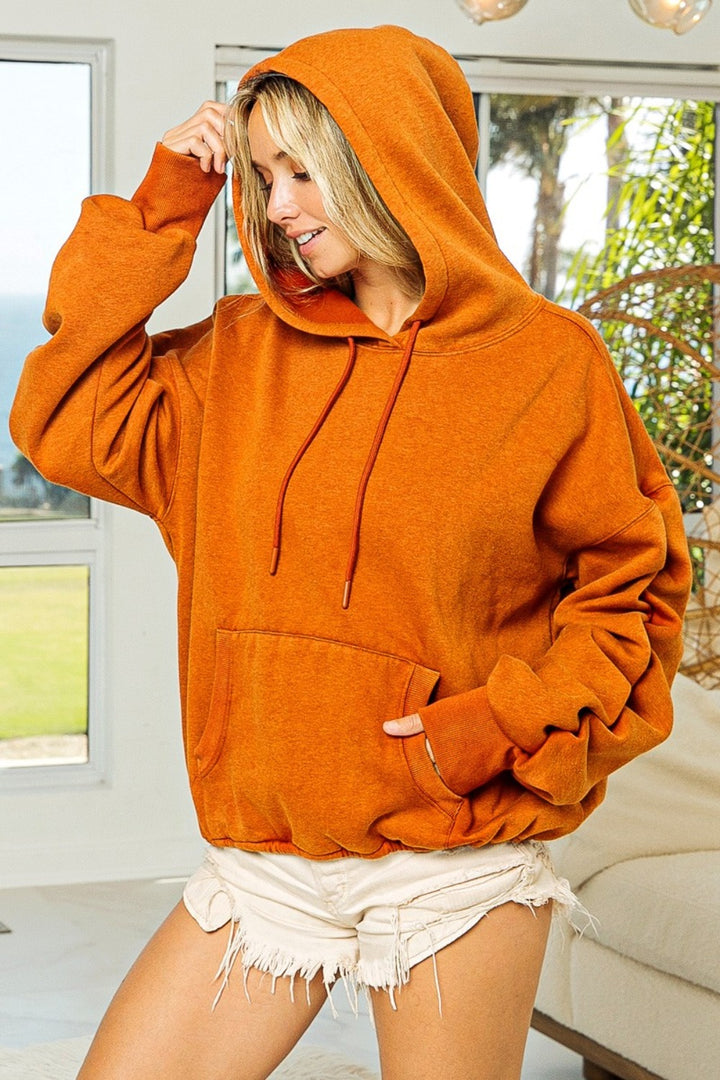 BiBi Ruched Long Sleeve Washed Fleece Hoodie - Boho Soho