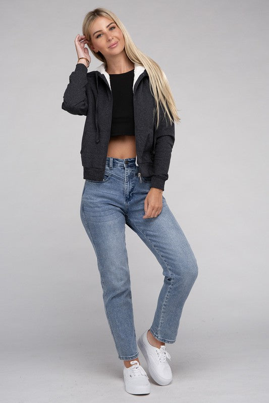 Ambiance Fuzzy Trim Zip-Up Crop Hoodie