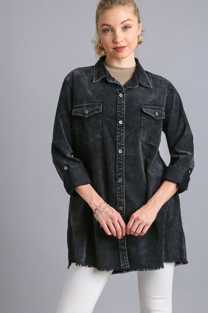 Umgee Raw Hem Button Down Denim Shacket with Chest Pockets