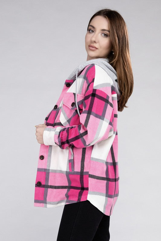 Zenana Plaid Drawstring Hooded Fleece Shacket