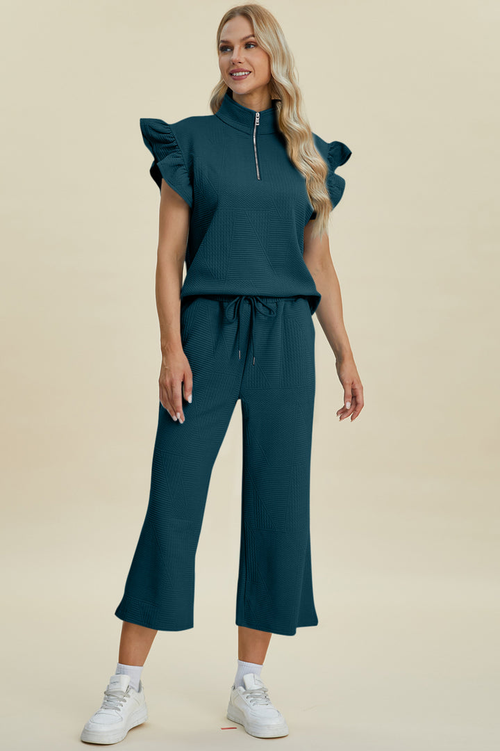 Double Take Full Size Texture Ruffle Short Sleeve Top and Wide Leg Pants Set - Boho Soho