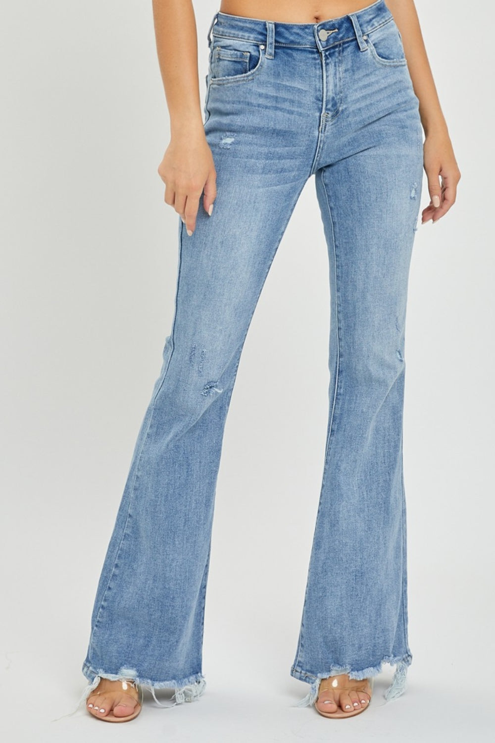 Risen High Rise Frayed Hem Flare Jeans