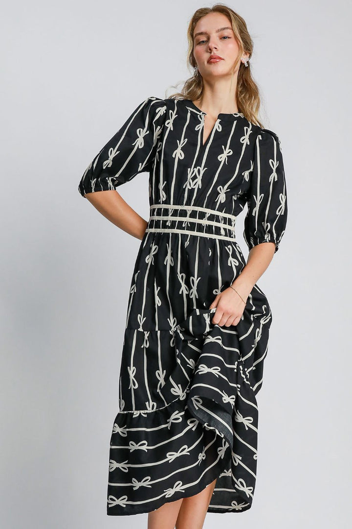 Umgee Bow Print Notched Contrast Velvet Trim Midi Dress