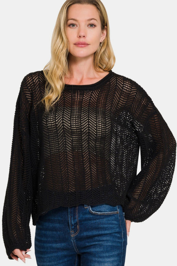 Zenana Hollow Out Long Sleeve Knit Top