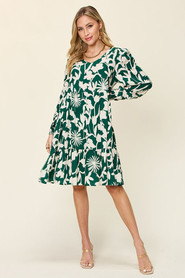 Double Take Full Size Printed Ruffle Hem Dress with Pockets