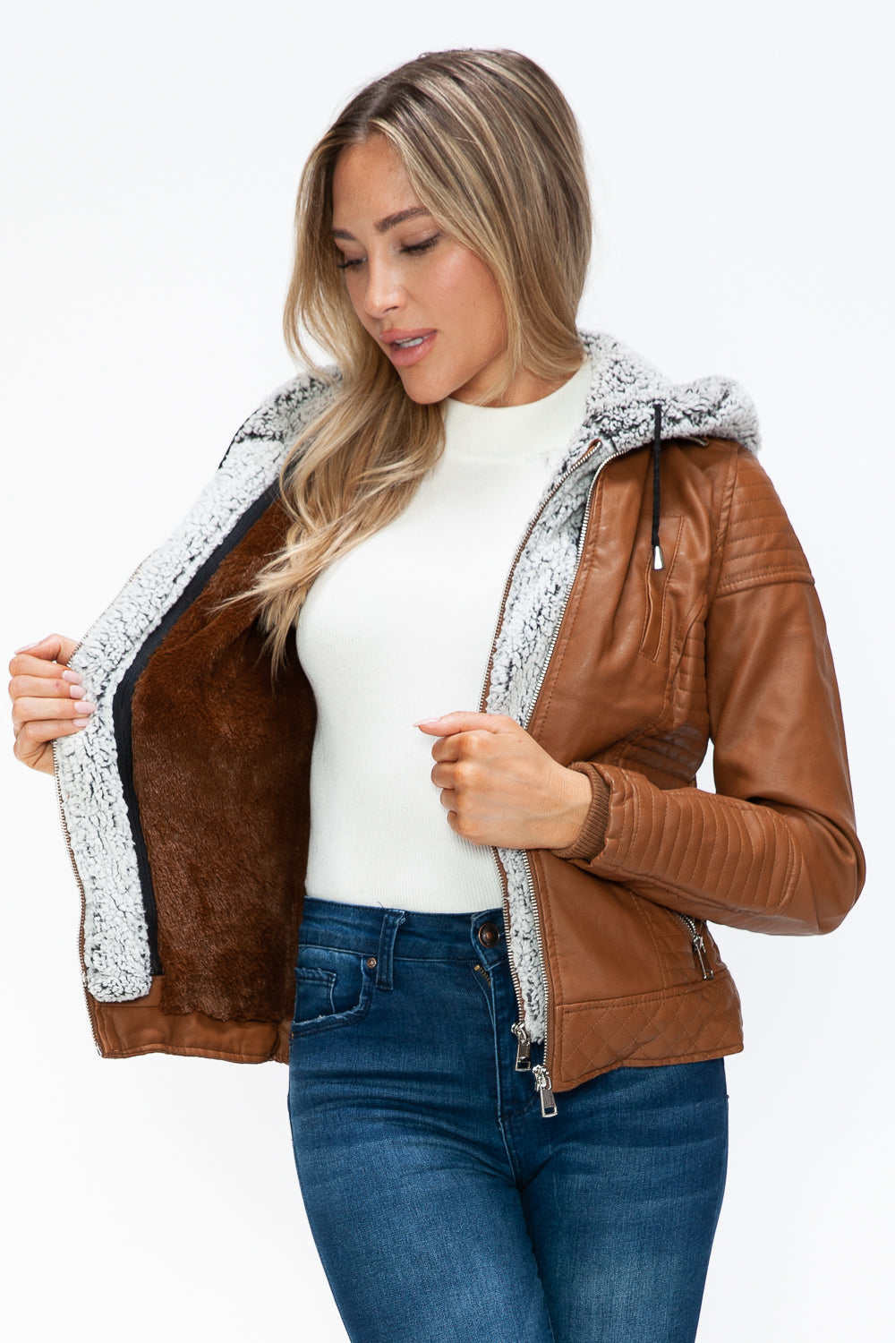 YMI Faux Layered Double-Zipper Faux Leather Jacket with Fuzzy Hood