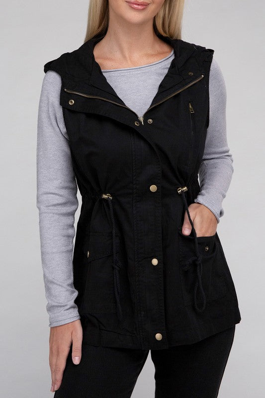 Zenana Drawstring Waist Military Hoodie Vest