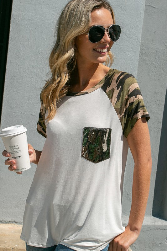 PLUS SOLID CAMO SEQUINS POCKET TOP