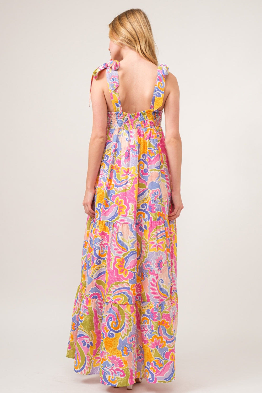 And The Why Printed Tie Shoulder Tiered Maxi Dress