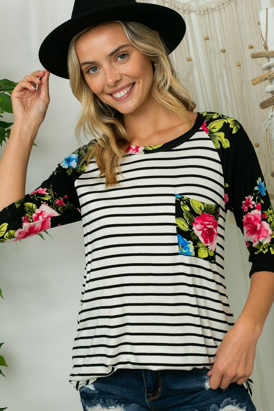 PLUS STRIPE FLORAL PRINT POCKET TOP